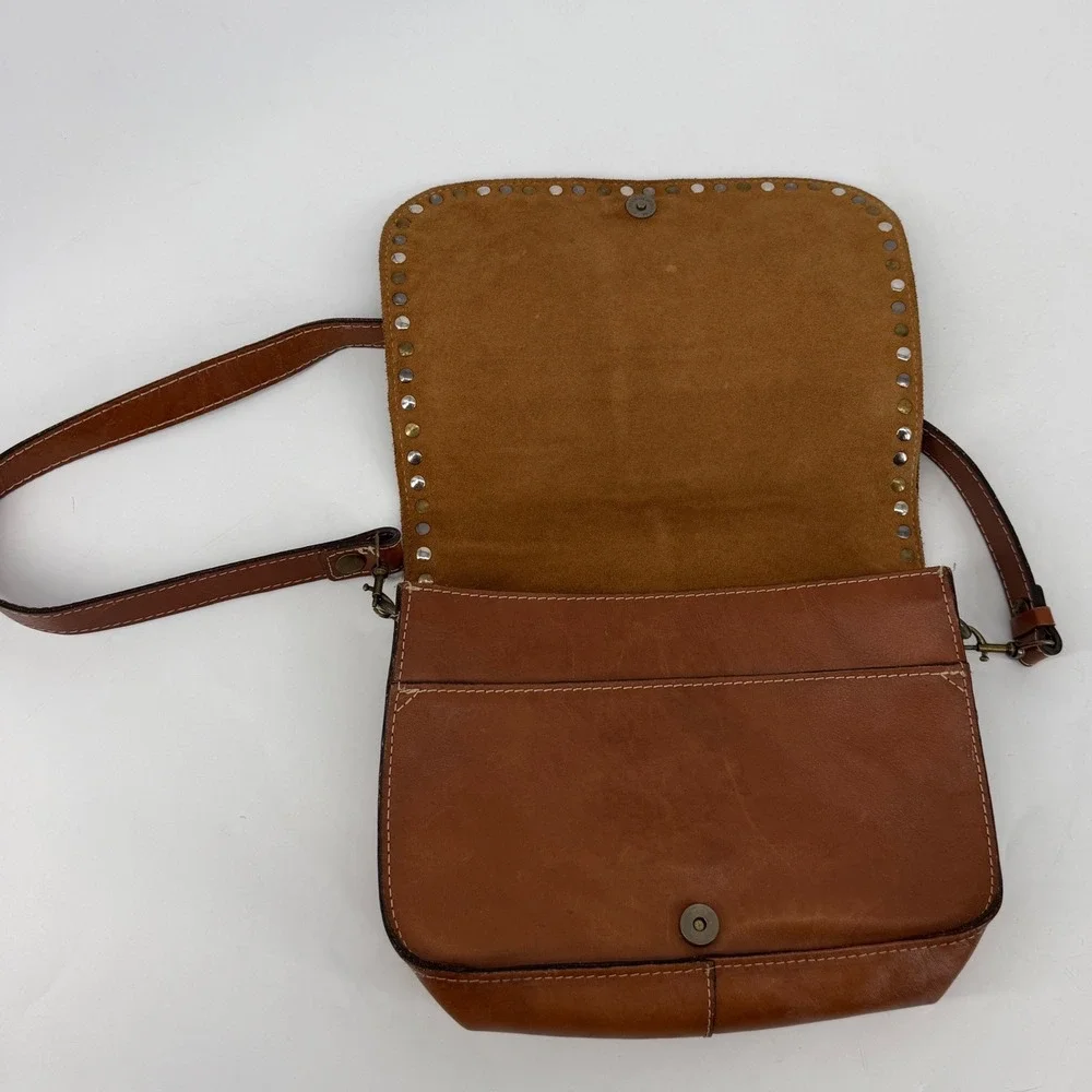 Patricia Nash Brown Italian Leather Studded Flap Crossbody Messenger Bag